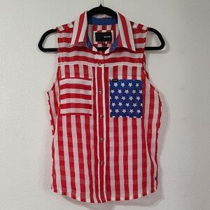Hurley Red, White and Blue Striped Sheer Button Down Sleeveless Top Size M